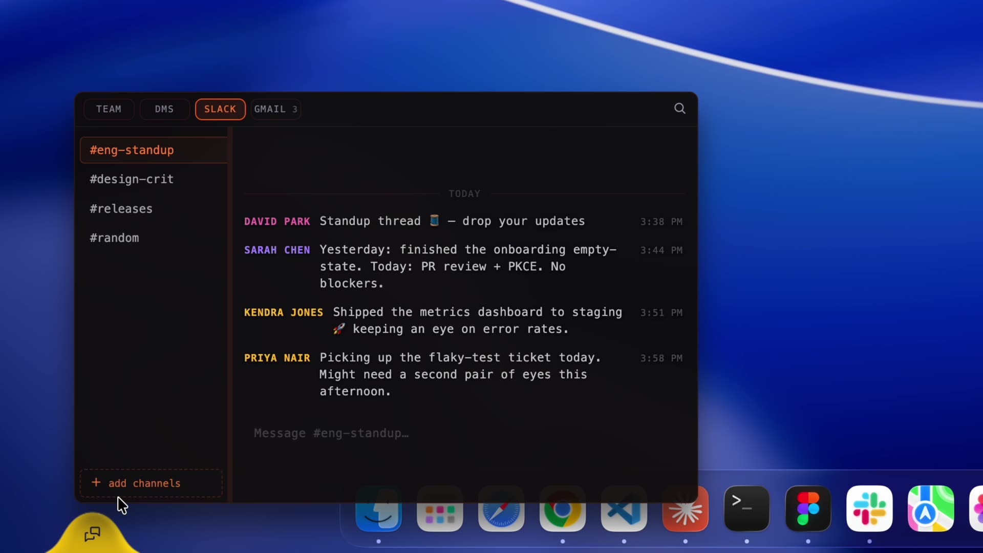 The messages panel with a Slack channel, next to the team hub.
