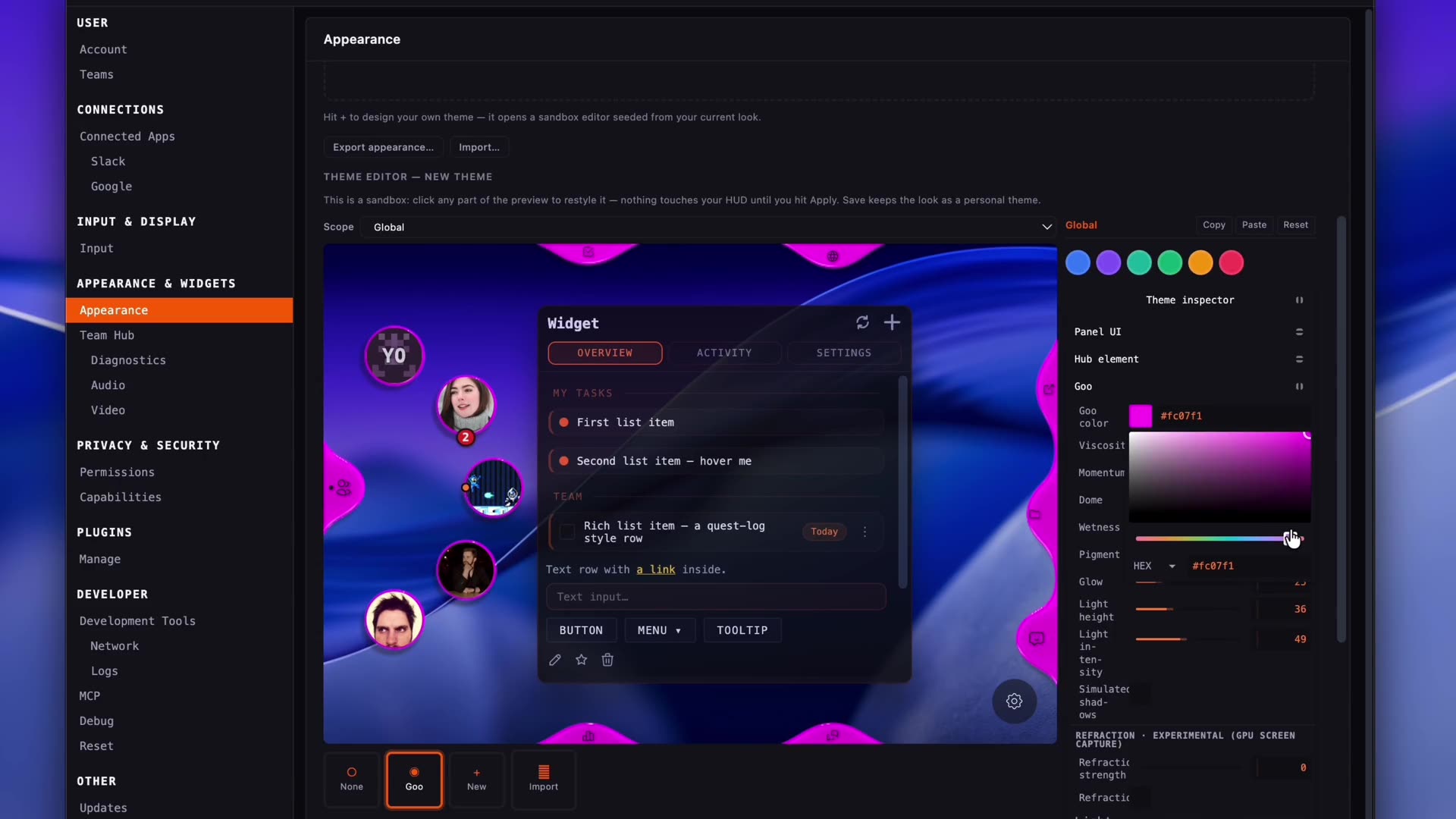 The live theme editor recoloring the hub and a widget.