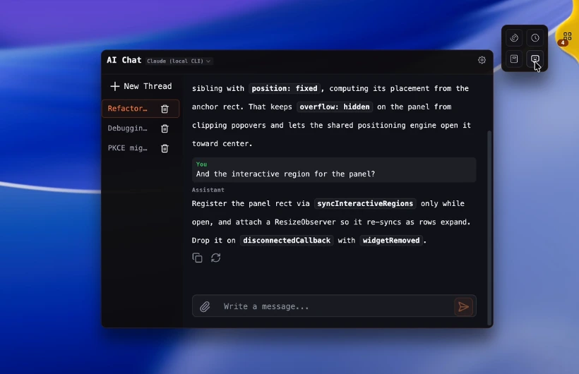 AI chat running on Claude through the local CLI, answering a coding question in a thread.