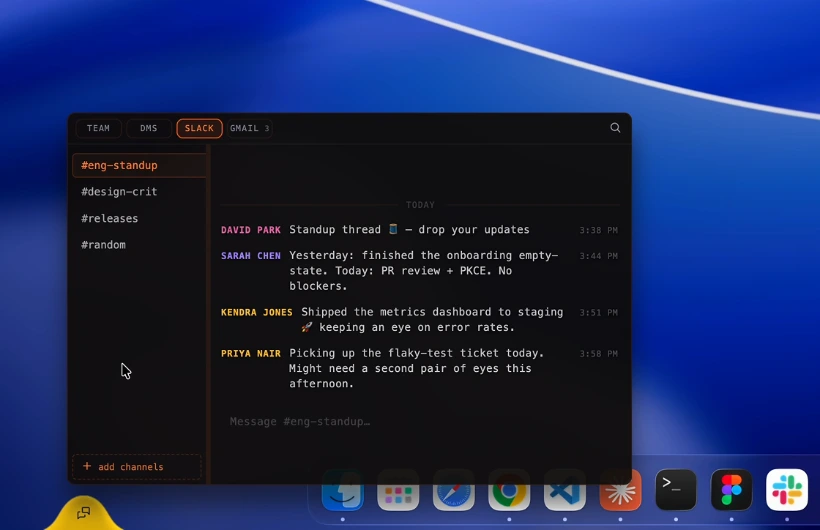 Messages: team, DMs, Slack and Gmail tabs, open on a Slack standup channel.