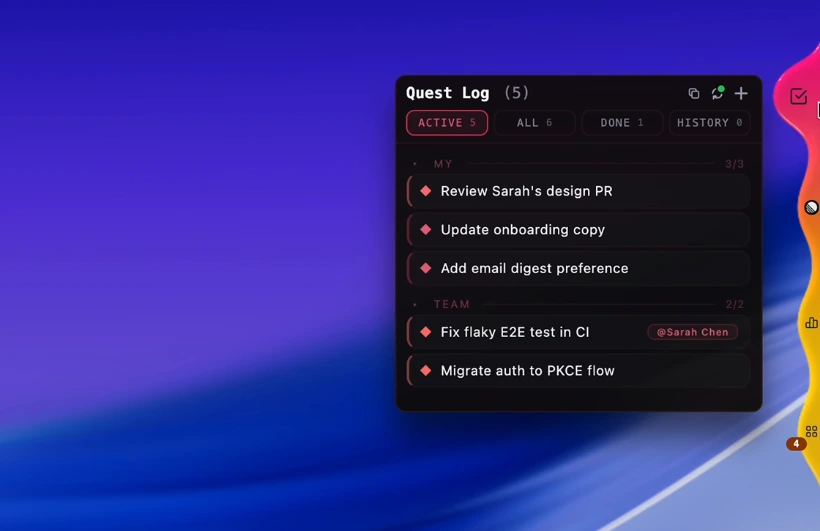 The quest log: your quests and the team's, one tagged to a teammate, with active, done and history tabs.